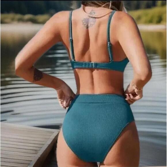 NWT Cupshe Ribbed Bikini Adjustable Straps High-Waisted Bottoms - Size Small - Picture 2 of 2